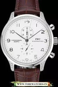 Iwc Portugieser Chronograph White Dial Steel Hands And Numerals Steel Case With Diamonds Brown Leather Strap En121370