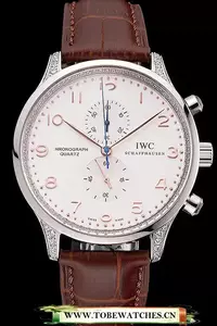 Iwc Portugieser Chronograph White Dial Rose Gold Hands And Numerals Steel Case With Diamonds Brown Leather Strap En121371