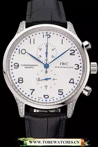 Iwc Portugieser Chronograph White Dial Blue Hands And Numerals Steel Case With Diamonds Black Leather Strap En121372