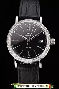 Iwc Portofino Black Dial Stainless Steel Case Diamonds Bezel Black Leather Strap En122037