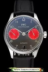 Iwc Portuguese Grey Dial Red Subdials Silver Case Black Leather Bracelet En124523