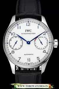 Iwc Portuguese White Dial Blue Numerals Silver Case Black Leather Bracelet En124530