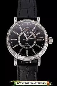 Iwc Portofino Moon Phase Black Dial With Diamonds Stainless Steel Case Diamonds Bezel Black Leather Strap En122041