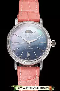 Iwc Portofino Moon Phase Mother Of Pearl Dial Stainless Steel Case Diamonds Bezel Pink Leather Strap En122043