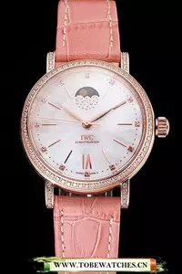 Iwc Portofino Moon Phase Silver Dial Rose Gold Case Diamonds Bezel Pink Leather Strap En122044
