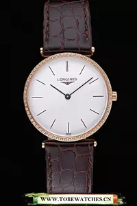 Longines La Grande Classique Diamond Bezel White Dial Brown Leather Strap Homme En60014