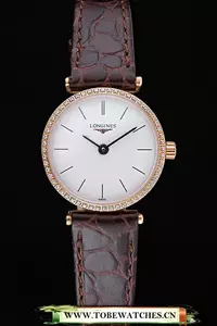 Longines La Grande Classique Diamond Bezel White Dial Brown Leather Strap Femme En60015