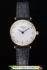 Longines La Grande Classique White Dial Black Leather Strap Diamond Markers Femme En60019