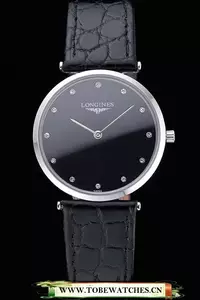 Longines La Grande Classique Black Dial Black Leather Band Diamond Markers Homme En60030