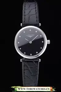 Longines La Grande Classique Black Dial Black Leather Band Diamond Markers Femme En60031