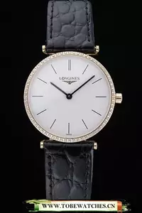 Longines La Grande Classique White Dial Diamond Bezel Black Leather Band Homme En60035