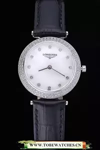 Longines La Grande Classique White Round Dial Diamond Case Diamond Numerals Black Leather Band En60280