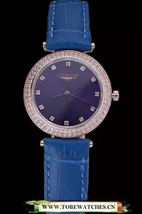 Longines La Grande Classique Blue Round Dial Diamond Case Diamond Numerals Blue Leather Band En60281