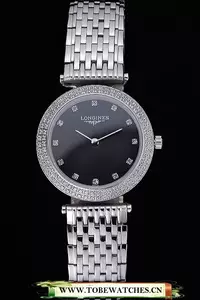 Longines La Grande Classique Black Round Dial Diamond Case Diamond Numerals Stainless Steel En60282