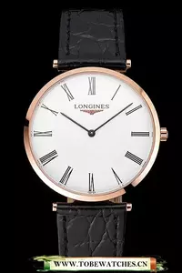 Longines Grande Classique White Dial Roman Numerals Rose Gold Case Black Leather Strap En122756