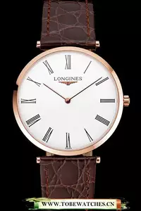 Longines Grande Classique White Dial Roman Numerals Rose Gold Case Brown Leather Strap En122757