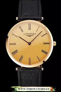 Longines Grande Classique Gold Dial Roman Numerals Gold Case Black Leather Strap En122760