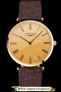 Longines Grande Classique Gold Dial Roman Numerals Gold Case Brown Leather Strap En122761
