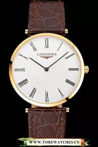 Longines Grande Classique White Dial Roman Numerals Gold Case Brown Leather Strap En122755