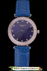 Longines La Grande Classique Blue Round Dial Diamond Case Diamond Numerals Blue Leather Band En119075