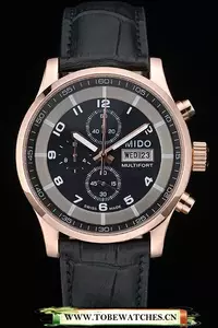 Mido Multifort Rose Gold Stainless Steel Bezel Black Croco Leather Bracelet Black Dial En59225