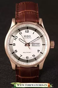 Mido Multifort Brown Croco Leather Strap White Silver Dial En59276