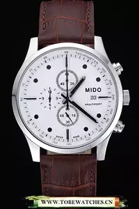 Mido Multifort Cronograph All White & Black Dial Brown Leather Strap En60081