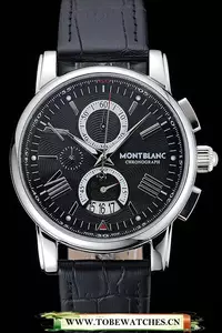 Montblanc Chronograph Black Dial Black Leather Bracelet Silver Case En125118