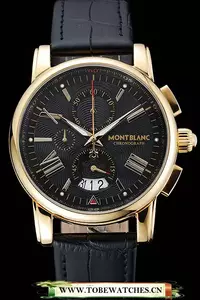Montblanc Chronograph Black Dial Black Leather Bracelet Gold Case En125119