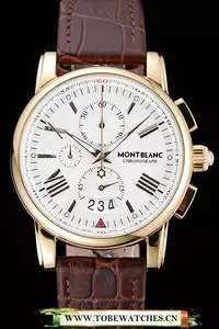 Montblanc Chronograph White Dial Brown Leather Bracelet Gold Case En125120