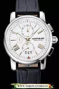 Montblanc Chronograph White Dial Black Leather Bracelet Silver Case En125121