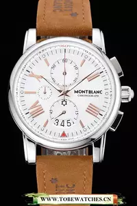 Montblanc Chronograph White Dial Brown Suede Leather Bracelet Silver Case En125122