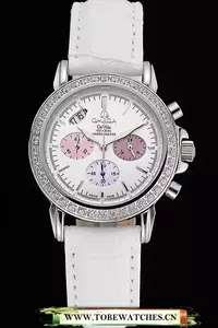 Omega De Ville Chronograph White Dial Stainless Steel Diamond Case White Leather Bracelet En60346
