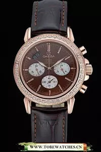 Omega De Ville Chronograph Brown Dial Gold Diamond Case Brown Leather Bracelet En60350