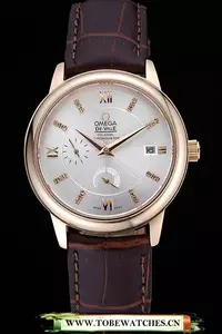 Omega Deville Prestige Silver Dial Gold Case Diamonds Numerals Brown Leather Bracelet En60481