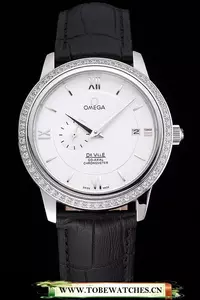 Omega De Ville Prestige Co Axial White Dial Silver Diamond Case Black Leather Strap Roman Numeral En121242