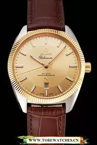 Omega Globemaster Gold Dial And Bezel Stainless Steel Case Brown Leather Strap En122240