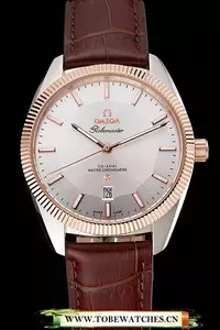Omega Globemaster Silver Dial Rose Gold Bezel Stainless Steel Case Brown Leather Strap En122241