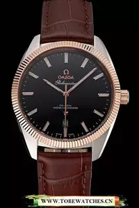 Omega Globemaster Black Dial Rose Gold Bezel Stainless Steel Case Brown Leather Strap En122242