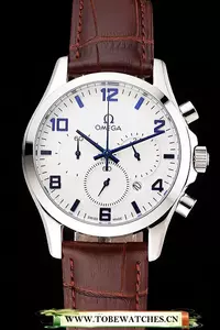 Omega Chronograph White Dial Blue Numerals Stainless Steel Case Brown Leather Strap En123351