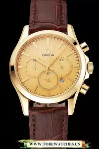 Omega Chronograph Gold Dial Gold Case Brown Leather Strap En123355