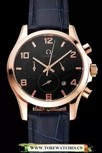 Omega Chronograph Black Dial Rose Gold Case Blue Leather Strap En123356