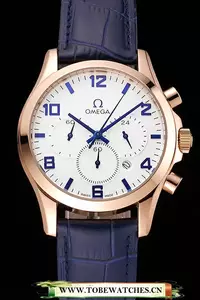 Omega Chronograph White Dial Rose Gold Case Blue Leather Strap En123357