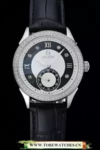 Omega Deville Prestige Black Dial Silver Diamond Case Black Leather Bracelet En125127