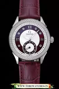 Omega Deville Prestige Dark Red Dial Silver Diamond Case Dark Red Leather Bracelet En125128