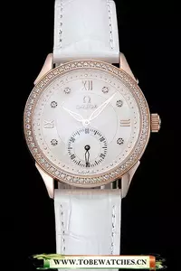 Omega Deville Prestige White Dial Gold Diamond Case White Leather Bracelet En125129