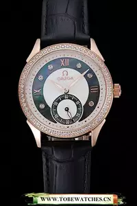 Omega Deville Prestige Black Dial Gold Diamond Case Black Leather Bracelet En125130