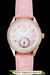 Omega Deville Prestige Pink Dial Gold Diamond Case Pink Leather Bracelet En125132