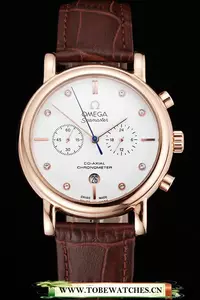 Omega Seamaster Vintage Chronograph White Dial Diamond Hour Marks Rose Gold Case Brown Leather Strap En122598