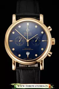Omega Seamaster Vintage Chronograph Blue Dial Diamond Hour Marks Gold Case Black Leather Strap En122602